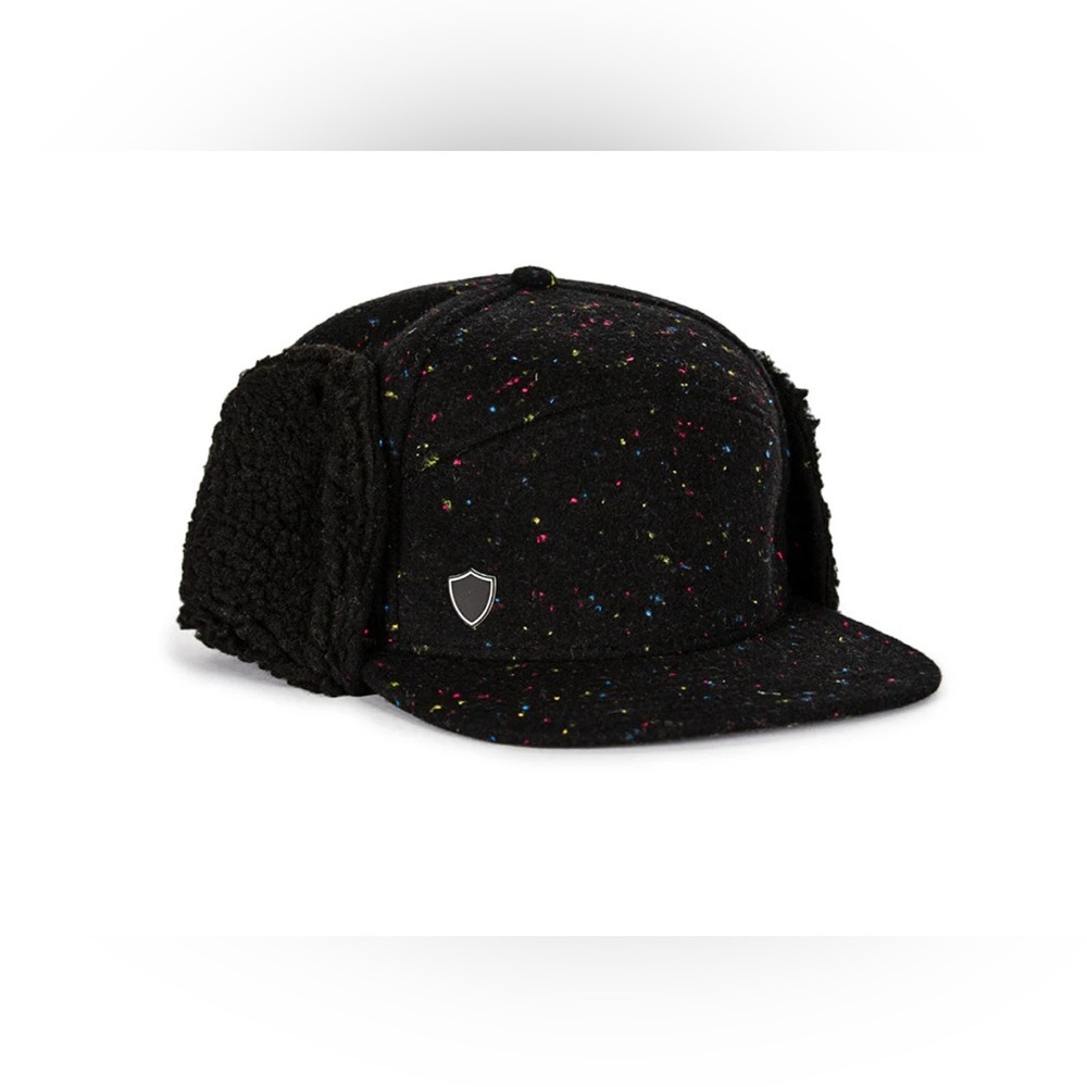 Black Speckled 6 Panel Earflap Cap with Fold-Down Ears, w/ Insulation